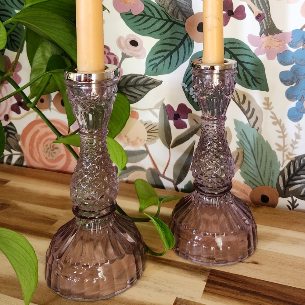 Vintage Style Amethyst Purple Glass Taper Candle Holders (2)